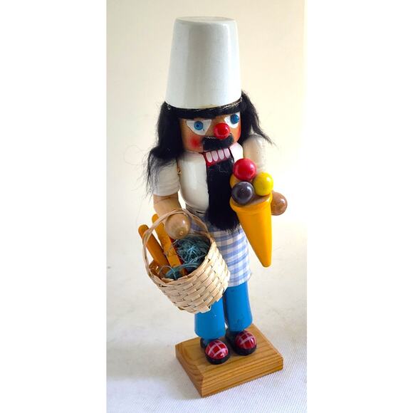 NUTCRACKER-Wood-Moving Lever Mouth-Baker Basket w/Bread-Ice Cream Cone-10" Tall - Picture 2 of 13